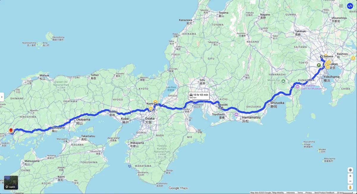 Saitama to Hiroshima on Google Maps